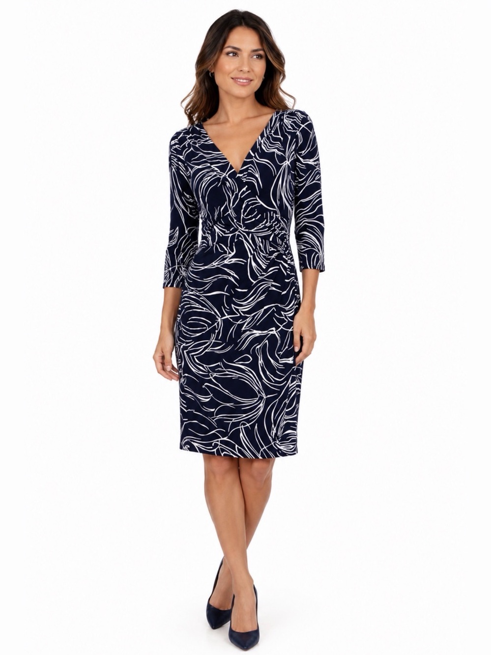 Lauren Ralph Lauren Navy Wrap Midi Dress with White Swirl Pattern 8